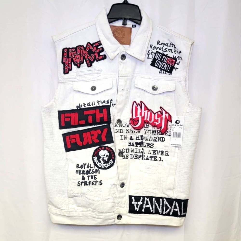 Iro-ochi/White Denim Vest with Graphic Patches/Size L/Some Dirty removable/NWT